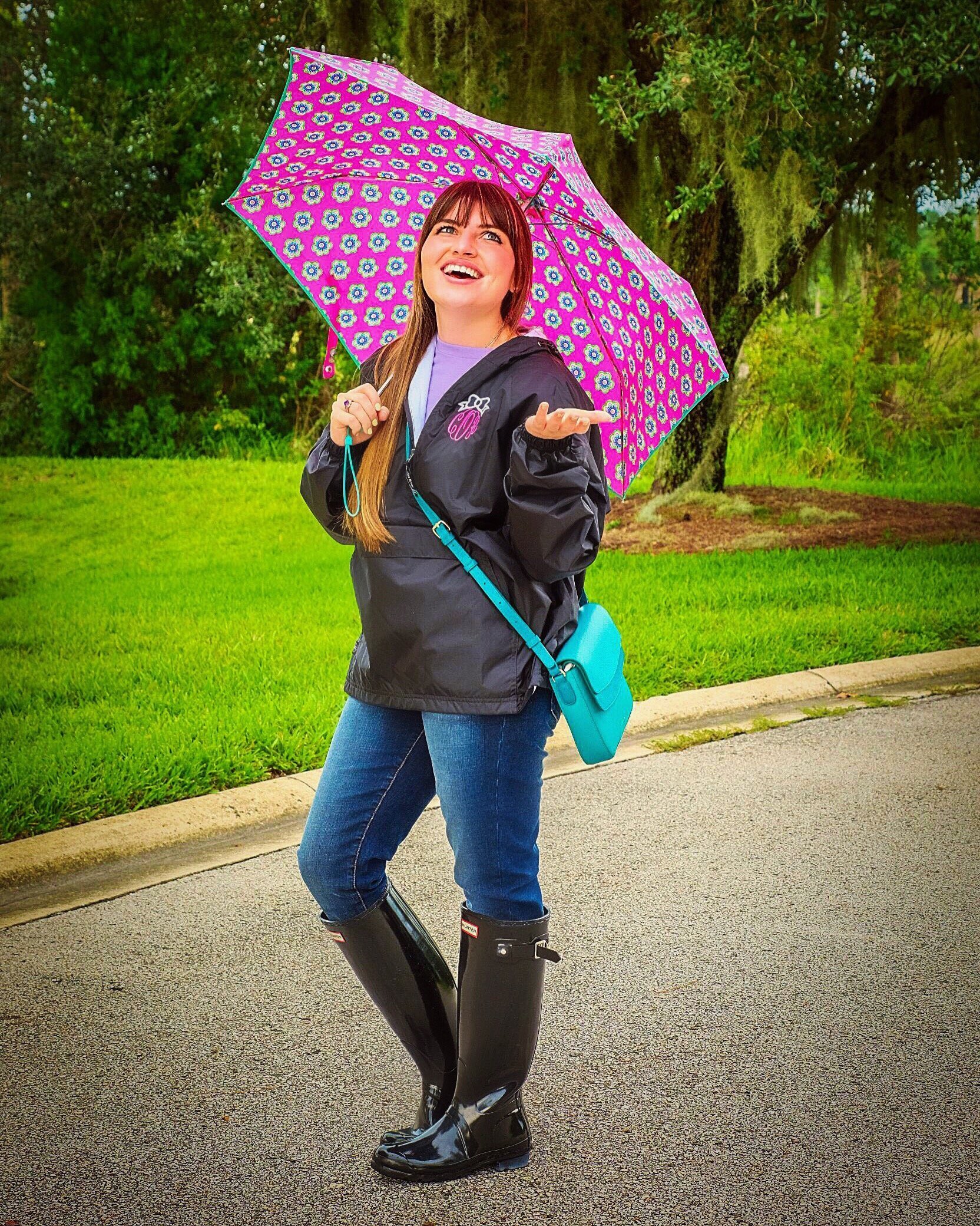 Umbrella & Handbag: Vera Bradley Rain Jacket: Marley Lilly Boots: Hunter Boots Jeans: Articles of Society